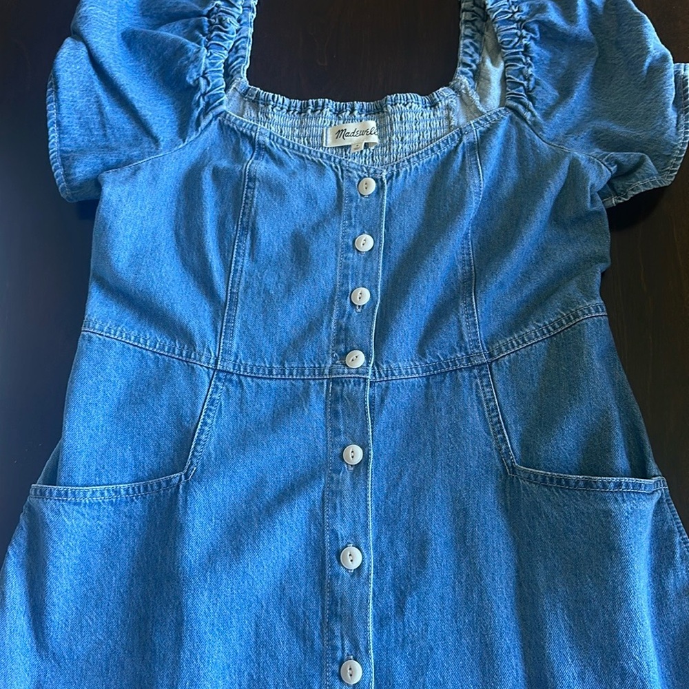 Madewell Denim Mini Puff Sleeve Dress, Size 8 - Picture 4 of 7